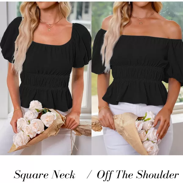 luvamia 2023 Puff Sleeve Tops for Women Square Neck Off The Shoulder Top Ruffle Hem Cute Dressy Casual Blouses Summer