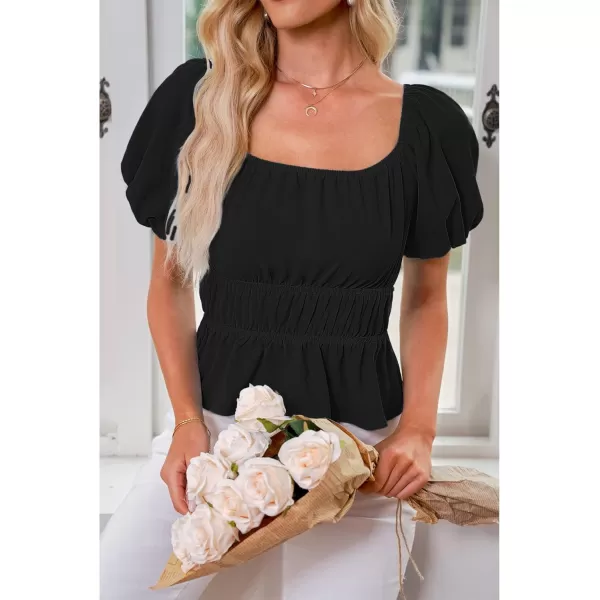 luvamia 2023 Puff Sleeve Tops for Women Square Neck Off The Shoulder Top Ruffle Hem Cute Dressy Casual Blouses Summer