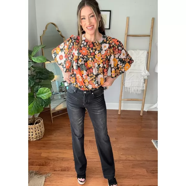 luvamia 2024 Blouses for Women Dressy Casual Floral Boho Babydoll Flowy Tops Summer Short Bell Sleeves ShirtsBlack Orange Floral