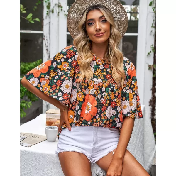 luvamia 2024 Blouses for Women Dressy Casual Floral Boho Babydoll Flowy Tops Summer Short Bell Sleeves ShirtsBlack Orange Floral