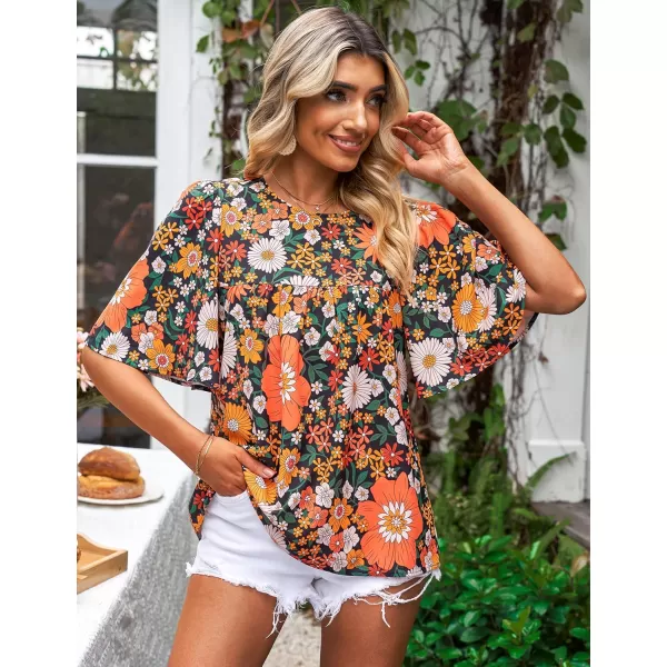 luvamia 2024 Blouses for Women Dressy Casual Floral Boho Babydoll Flowy Tops Summer Short Bell Sleeves ShirtsBlack Orange Floral