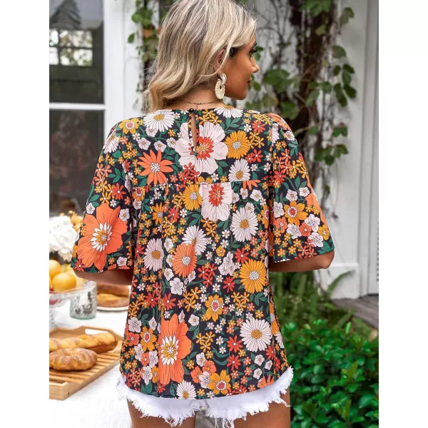 luvamia 2024 Blouses for Women Dressy Casual Floral Boho Babydoll Flowy Tops Summer Short Bell Sleeves ShirtsBlack Orange Floral