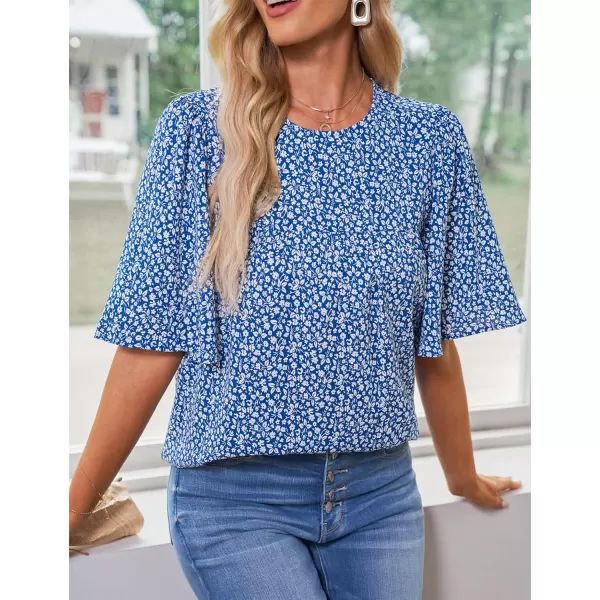 luvamia 2024 Blouses for Women Dressy Casual Floral Boho Babydoll Flowy Tops Summer Short Bell Sleeves ShirtsBlue Floral