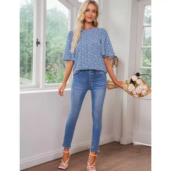 luvamia 2024 Blouses for Women Dressy Casual Floral Boho Babydoll Flowy Tops Summer Short Bell Sleeves ShirtsBlue Floral