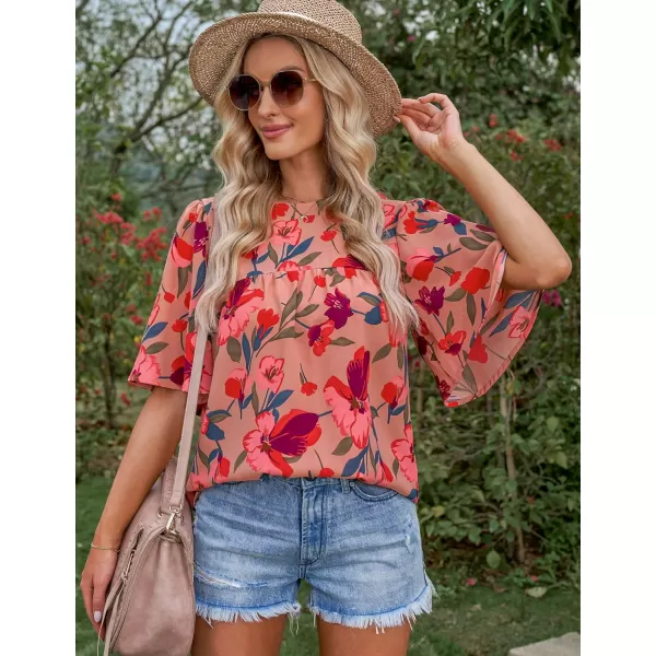 luvamia 2024 Blouses for Women Dressy Casual Floral Boho Babydoll Flowy Tops Summer Short Bell Sleeves ShirtsDusty Pink Floral