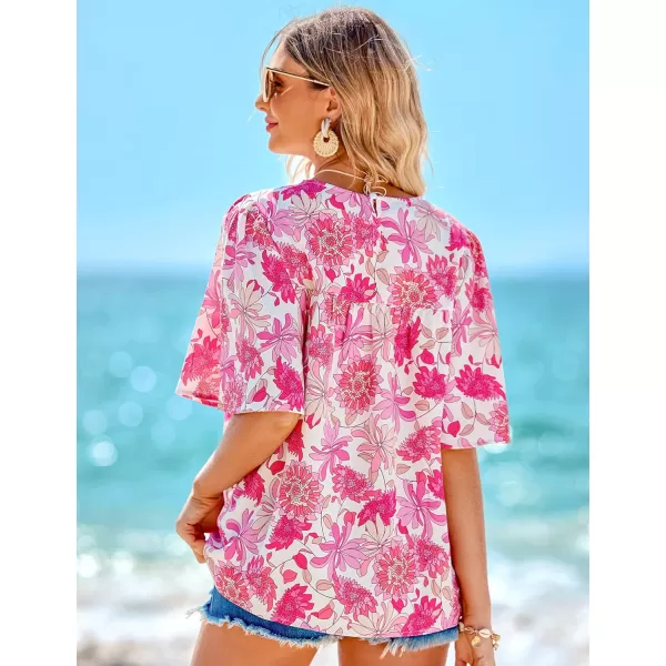 luvamia 2024 Blouses for Women Dressy Casual Floral Boho Babydoll Flowy Tops Summer Short Bell Sleeves ShirtsHot Pink Floral