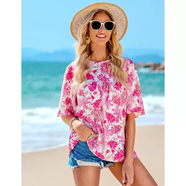 luvamia 2024 Blouses for Women Dressy Casual Floral Boho Babydoll Flowy Tops Summer Short Bell Sleeves ShirtsHot Pink Floral