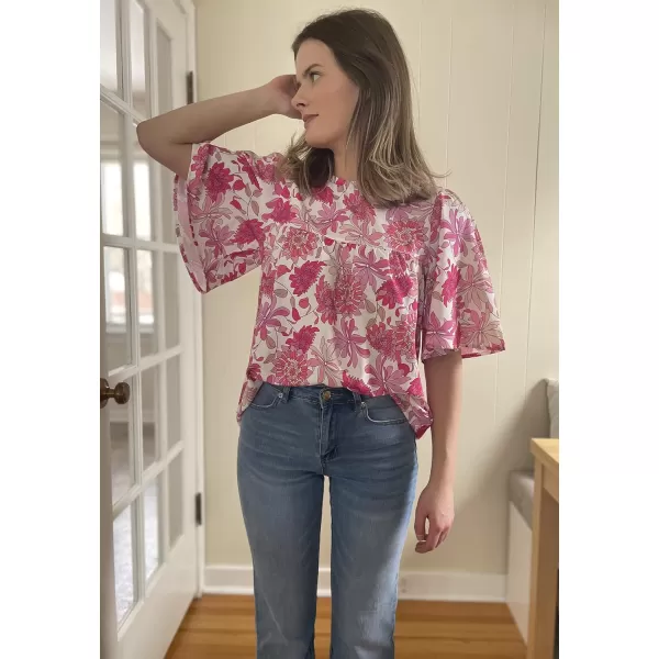 luvamia 2024 Blouses for Women Dressy Casual Floral Boho Babydoll Flowy Tops Summer Short Bell Sleeves ShirtsHot Pink Floral