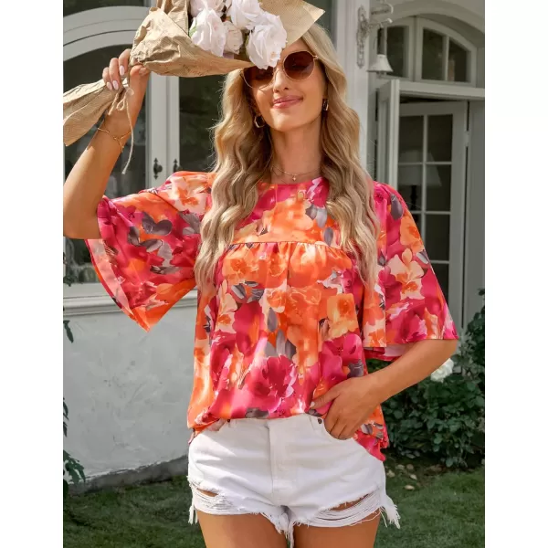 luvamia 2024 Blouses for Women Dressy Casual Floral Boho Babydoll Flowy Tops Summer Short Bell Sleeves ShirtsOrange Pink Floral