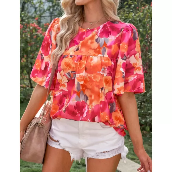 luvamia 2024 Blouses for Women Dressy Casual Floral Boho Babydoll Flowy Tops Summer Short Bell Sleeves ShirtsOrange Pink Floral