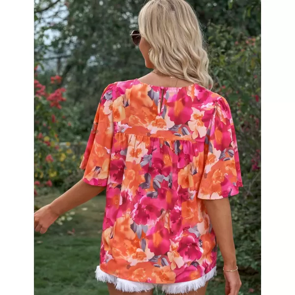 luvamia 2024 Blouses for Women Dressy Casual Floral Boho Babydoll Flowy Tops Summer Short Bell Sleeves ShirtsOrange Pink Floral