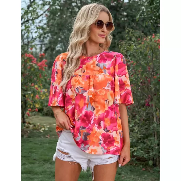 luvamia 2024 Blouses for Women Dressy Casual Floral Boho Babydoll Flowy Tops Summer Short Bell Sleeves ShirtsOrange Pink Floral