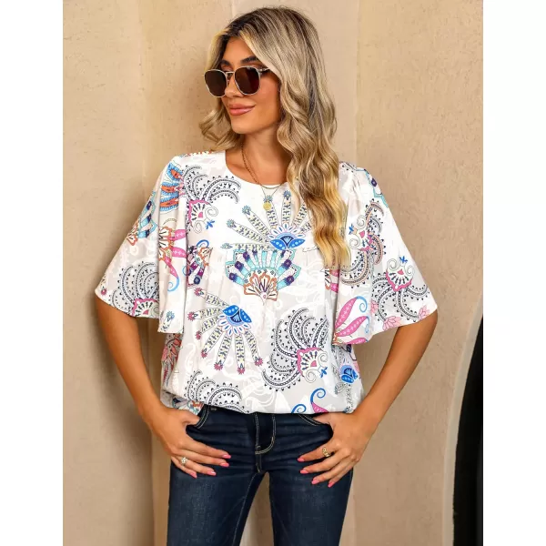 luvamia 2024 Blouses for Women Dressy Casual Floral Boho Babydoll Flowy Tops Summer Short Bell Sleeves ShirtsPaisley  Multicolor