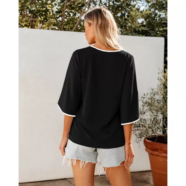 luvamia Blouses for Women Dressy Casual 34 Length Bell Sleeve Trendy Shirts Color Block Flowy Business Casual Work TopsBlack