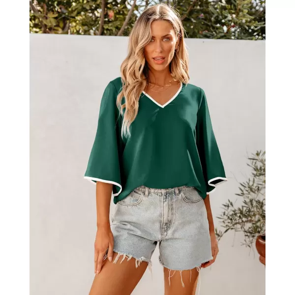 luvamia Blouses for Women Dressy Casual 34 Length Bell Sleeve Trendy Shirts Color Block Flowy Business Casual Work TopsEvergreen