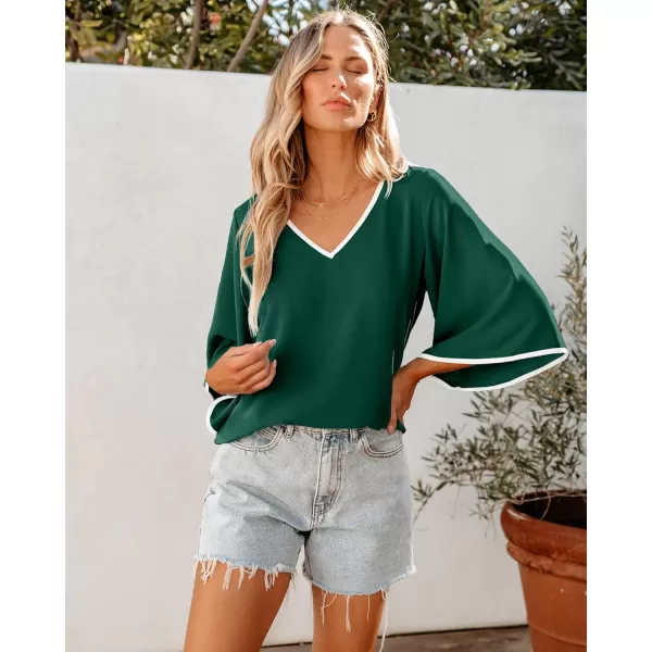 luvamia Blouses for Women Dressy Casual 34 Length Bell Sleeve Trendy Shirts Color Block Flowy Business Casual Work TopsEvergreen