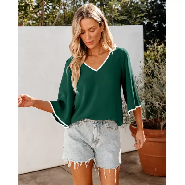 luvamia Blouses for Women Dressy Casual 34 Length Bell Sleeve Trendy Shirts Color Block Flowy Business Casual Work TopsEvergreen