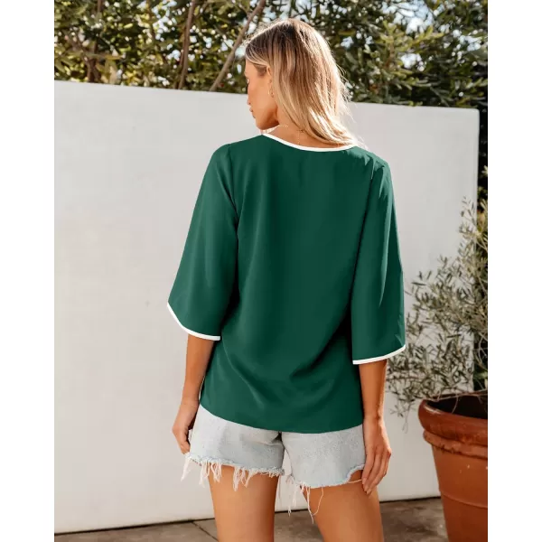 luvamia Blouses for Women Dressy Casual 34 Length Bell Sleeve Trendy Shirts Color Block Flowy Business Casual Work TopsEvergreen