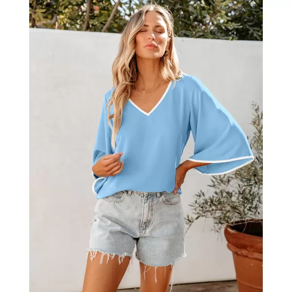 luvamia Blouses for Women Dressy Casual 34 Length Bell Sleeve Trendy Shirts Color Block Flowy Business Casual Work TopsLight Blue