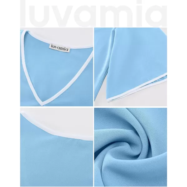 luvamia Blouses for Women Dressy Casual 34 Length Bell Sleeve Trendy Shirts Color Block Flowy Business Casual Work TopsLight Blue