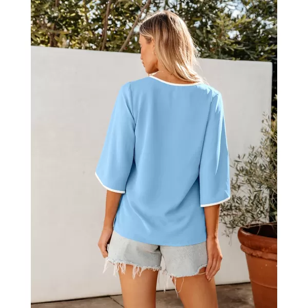 luvamia Blouses for Women Dressy Casual 34 Length Bell Sleeve Trendy Shirts Color Block Flowy Business Casual Work TopsLight Blue