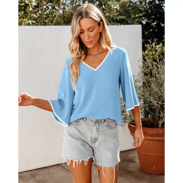 luvamia Blouses for Women Dressy Casual 34 Length Bell Sleeve Trendy Shirts Color Block Flowy Business Casual Work TopsLight Blue