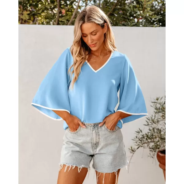 luvamia Blouses for Women Dressy Casual 34 Length Bell Sleeve Trendy Shirts Color Block Flowy Business Casual Work TopsLight Blue