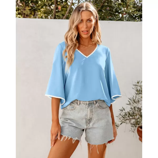 luvamia Blouses for Women Dressy Casual 34 Length Bell Sleeve Trendy Shirts Color Block Flowy Business Casual Work TopsLight Blue