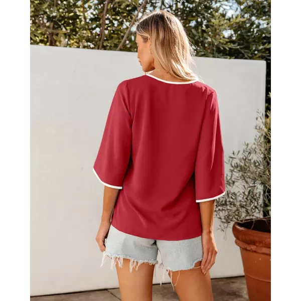 luvamia Blouses for Women Dressy Casual 34 Length Bell Sleeve Trendy Shirts Color Block Flowy Business Casual Work TopsRed