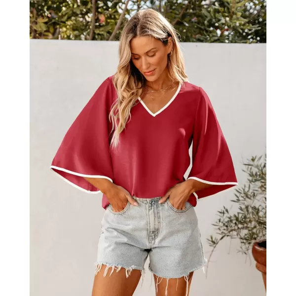 luvamia Blouses for Women Dressy Casual 34 Length Bell Sleeve Trendy Shirts Color Block Flowy Business Casual Work TopsRed