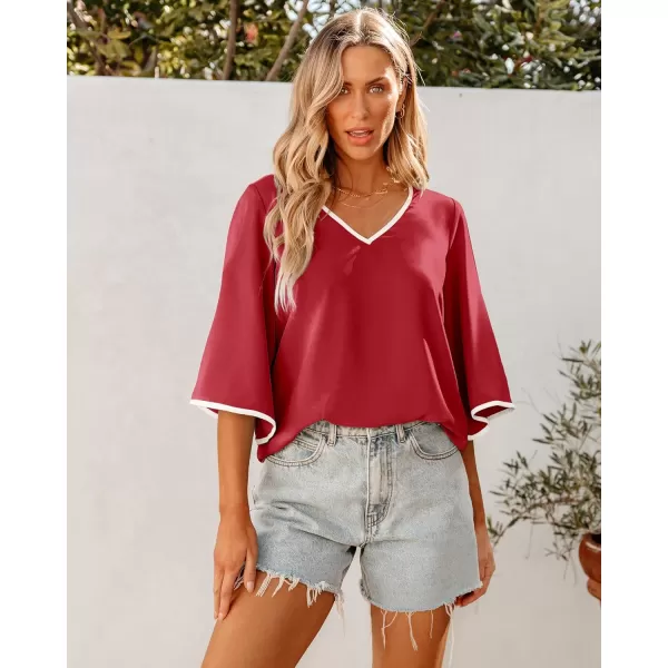 luvamia Blouses for Women Dressy Casual 34 Length Bell Sleeve Trendy Shirts Color Block Flowy Business Casual Work TopsRed