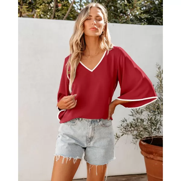 luvamia Blouses for Women Dressy Casual 34 Length Bell Sleeve Trendy Shirts Color Block Flowy Business Casual Work TopsRed