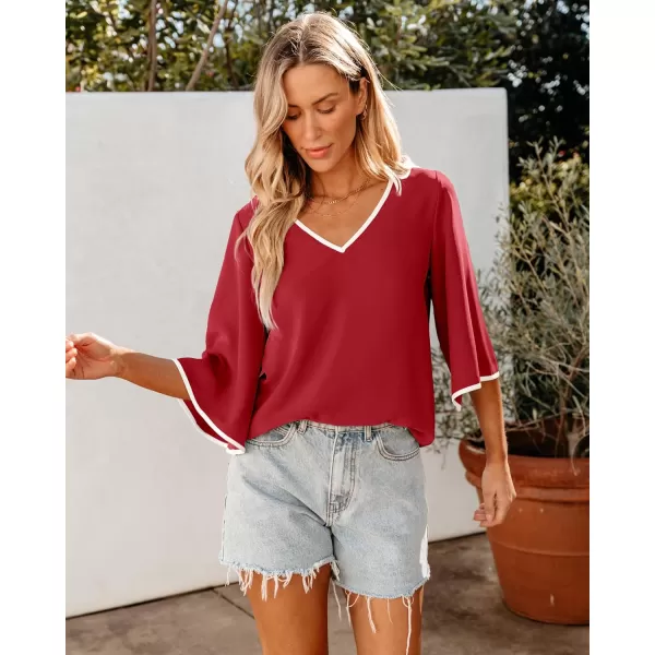 luvamia Blouses for Women Dressy Casual 34 Length Bell Sleeve Trendy Shirts Color Block Flowy Business Casual Work TopsRed