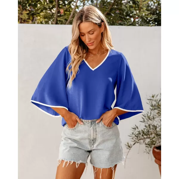 luvamia Blouses for Women Dressy Casual 34 Length Bell Sleeve Trendy Shirts Color Block Flowy Business Casual Work TopsRoyal Blue