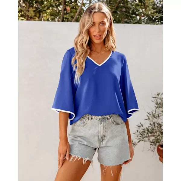 luvamia Blouses for Women Dressy Casual 34 Length Bell Sleeve Trendy Shirts Color Block Flowy Business Casual Work TopsRoyal Blue