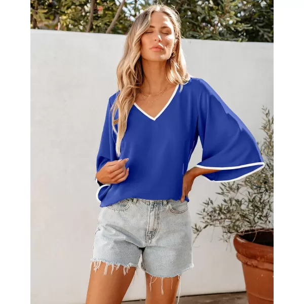 luvamia Blouses for Women Dressy Casual 34 Length Bell Sleeve Trendy Shirts Color Block Flowy Business Casual Work TopsRoyal Blue