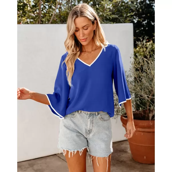 luvamia Blouses for Women Dressy Casual 34 Length Bell Sleeve Trendy Shirts Color Block Flowy Business Casual Work TopsRoyal Blue