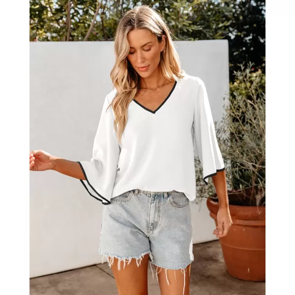 luvamia Blouses for Women Dressy Casual 34 Length Bell Sleeve Trendy Shirts Color Block Flowy Business Casual Work TopsWhite