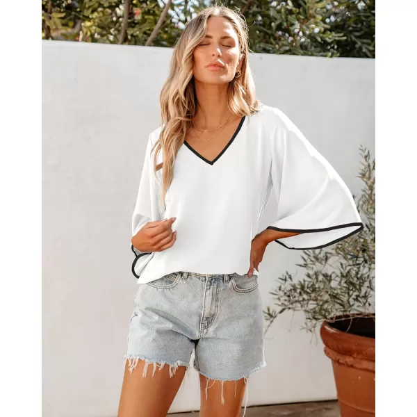 luvamia Blouses for Women Dressy Casual 34 Length Bell Sleeve Trendy Shirts Color Block Flowy Business Casual Work TopsWhite