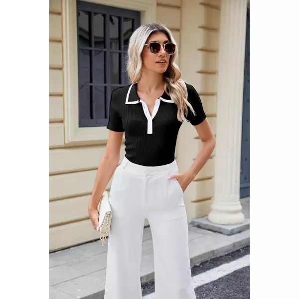 luvamia Blouses for Women Dressy Casual Knit Trendy Tops Summer Short Sleeve Color Block Button Up Collared Polo ShirtBlack