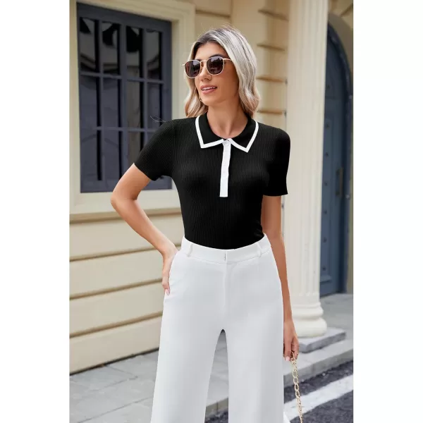 luvamia Blouses for Women Dressy Casual Knit Trendy Tops Summer Short Sleeve Color Block Button Up Collared Polo ShirtBlack