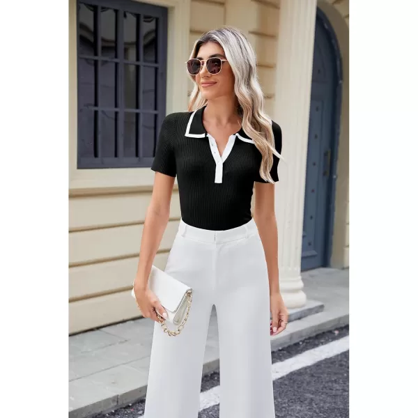 luvamia Blouses for Women Dressy Casual Knit Trendy Tops Summer Short Sleeve Color Block Button Up Collared Polo ShirtBlack