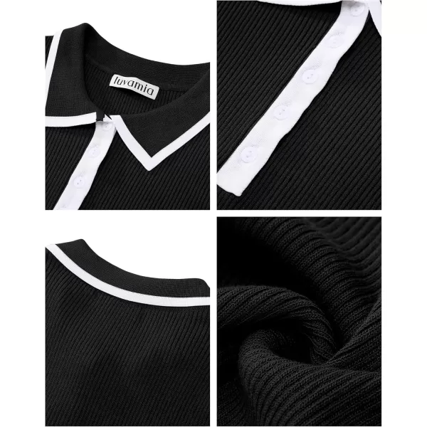 luvamia Blouses for Women Dressy Casual Knit Trendy Tops Summer Short Sleeve Color Block Button Up Collared Polo ShirtBlack