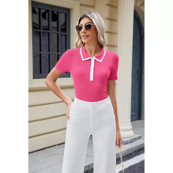 luvamia Blouses for Women Dressy Casual Knit Trendy Tops Summer Short Sleeve Color Block Button Up Collared Polo ShirtFandango Pink