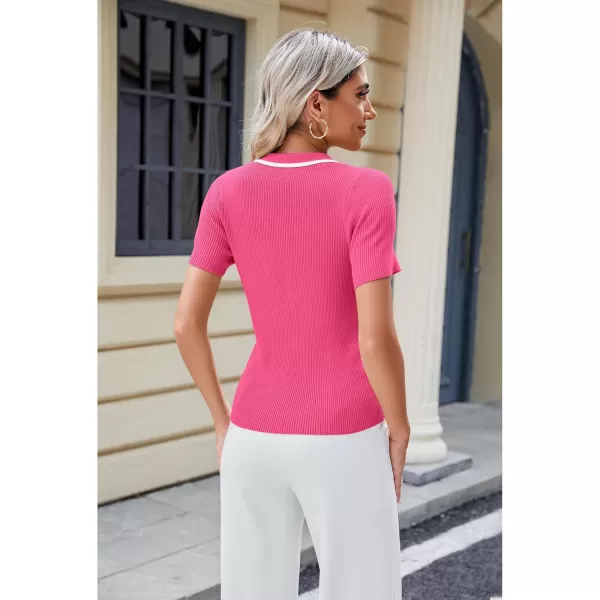 luvamia Blouses for Women Dressy Casual Knit Trendy Tops Summer Short Sleeve Color Block Button Up Collared Polo ShirtFandango Pink