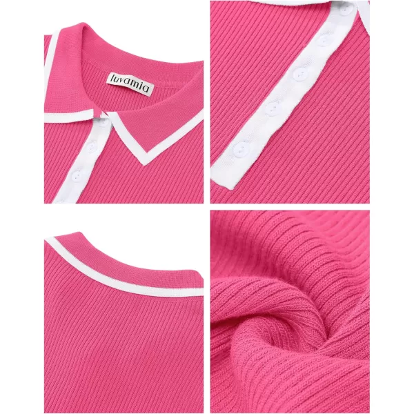 luvamia Blouses for Women Dressy Casual Knit Trendy Tops Summer Short Sleeve Color Block Button Up Collared Polo ShirtFandango Pink