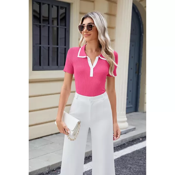 luvamia Blouses for Women Dressy Casual Knit Trendy Tops Summer Short Sleeve Color Block Button Up Collared Polo ShirtFandango Pink