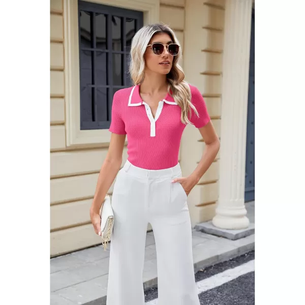 luvamia Blouses for Women Dressy Casual Knit Trendy Tops Summer Short Sleeve Color Block Button Up Collared Polo ShirtFandango Pink