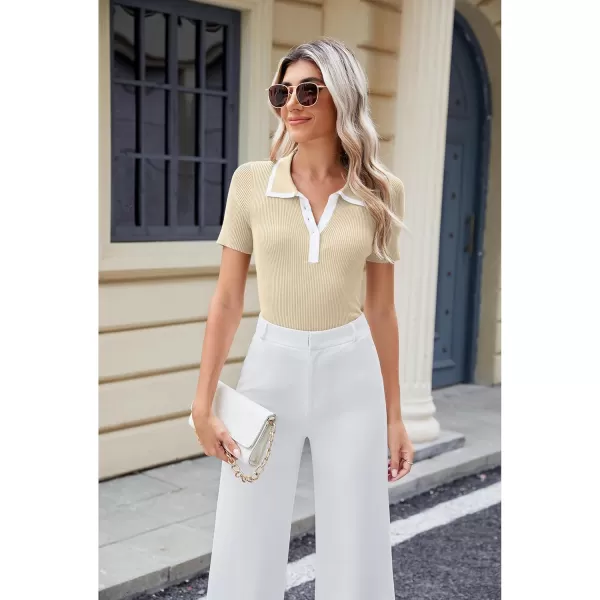 luvamia Blouses for Women Dressy Casual Knit Trendy Tops Summer Short Sleeve Color Block Button Up Collared Polo ShirtLighe Beige