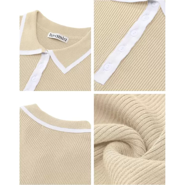 luvamia Blouses for Women Dressy Casual Knit Trendy Tops Summer Short Sleeve Color Block Button Up Collared Polo ShirtLighe Beige